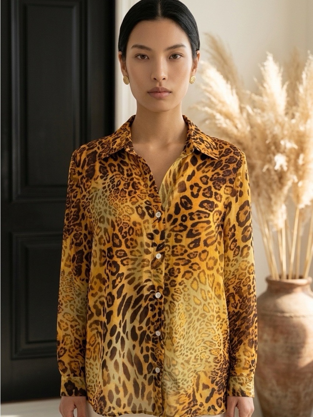 2350 - Tahari Leopard Print Button-Down Blouse in Yellow and Brown